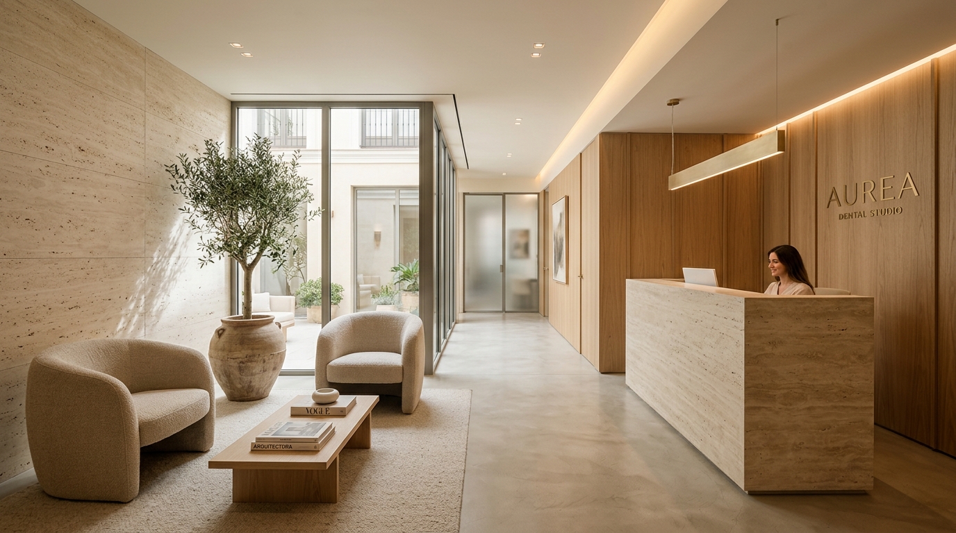 Galería de recepción y entrada principal en AUREA Dental Studio